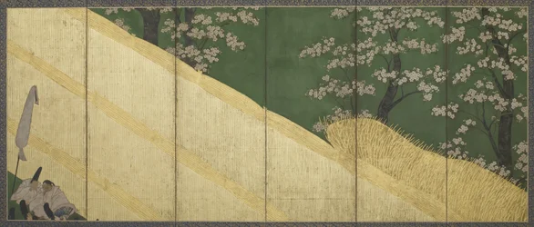 桜、高い塀と家臣、江戸時代、1590〜1640年（紙に金色と金色）